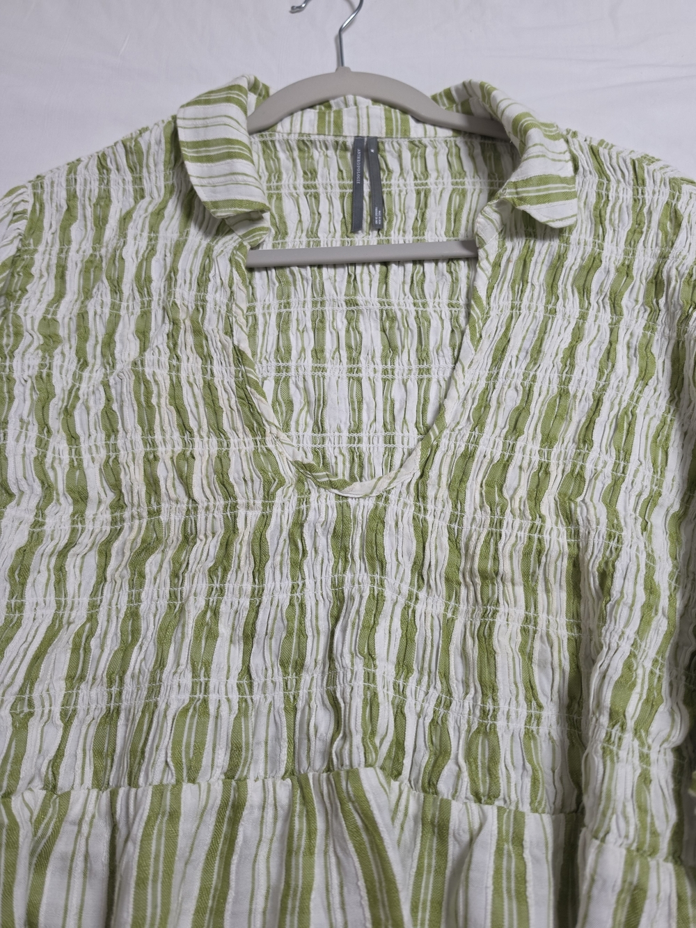 Anthropologie Green and White Striped Smocked V-Neck Blouse